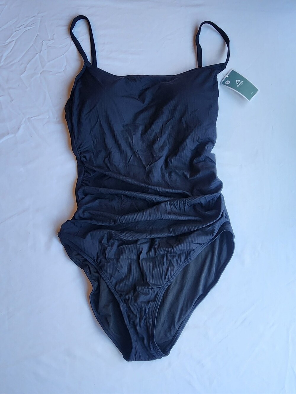 Women's Square Neck Black Ribbed One-Piece Coverage Flattering Swimsuit, L
